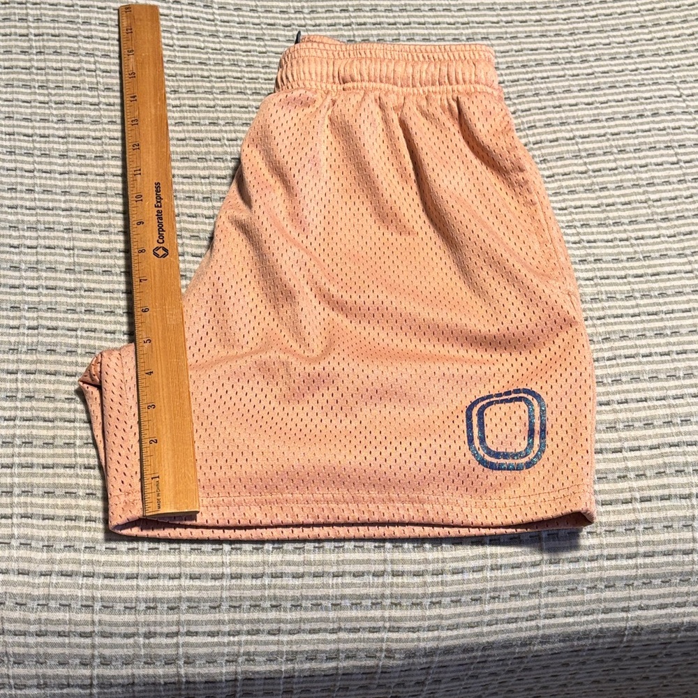 Overtime mesh shorts. Peach, light pink with iridescent logo. OT